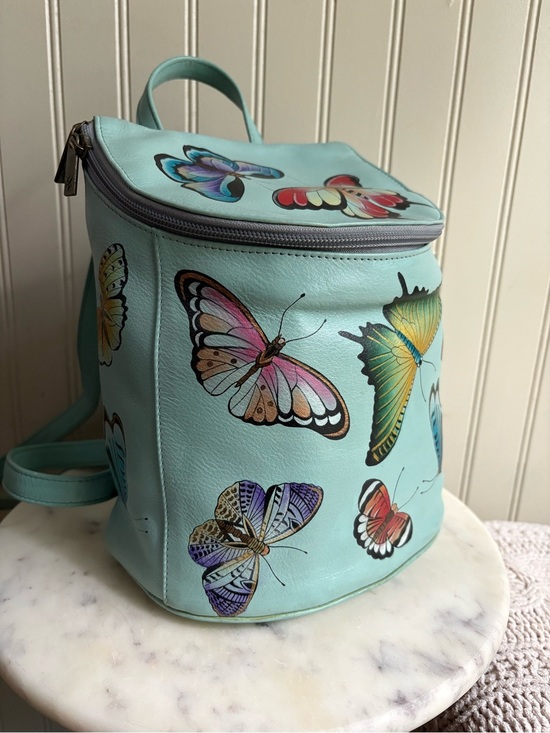Anuschka Hand-Painted Genuine Leather Bucket Backpack Purse Blue Butterfly Bag main image 13